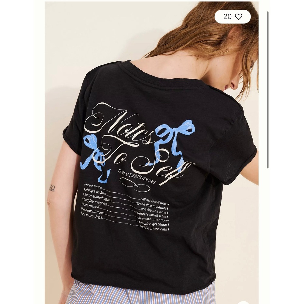Maeve Graphic Tee L Black Blue Bow Notes To Self Daily Reminder Cropped Coquette